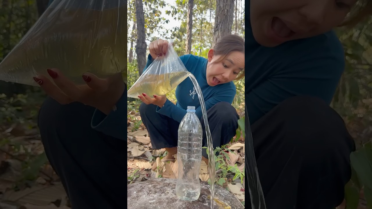 Survival Skills: easy methood saving water transfer to bottle #camping​ #bushcraft​ #water​ #smart