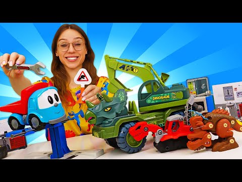Autot lapsille - Kuormuri Leo -lelu dinoautopalvelussa! Lasten video suomeksi