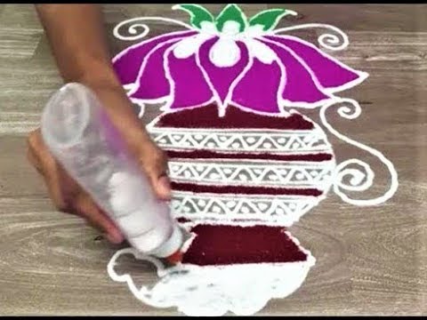 pongal special rangoli design by Gauri || rangoli design with colour || free hand rangoli design Video