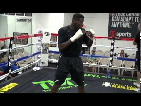 Andrew Tabiti shadowboxing inside the Mayweather Boxing Club