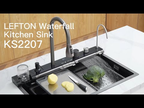 Lefton Adjustable Waterfall Faucet Kitchen Sink with Digital Temperature Display & Lighting-KS2207