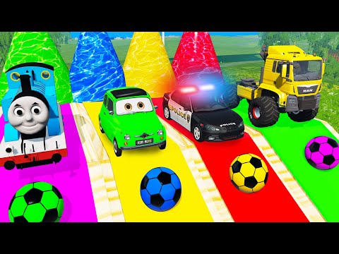 Monster Trucks Potholes Flatbed Long Trailer Truck Car Rescue - Cars vs Deep Water - BeamNG Drive