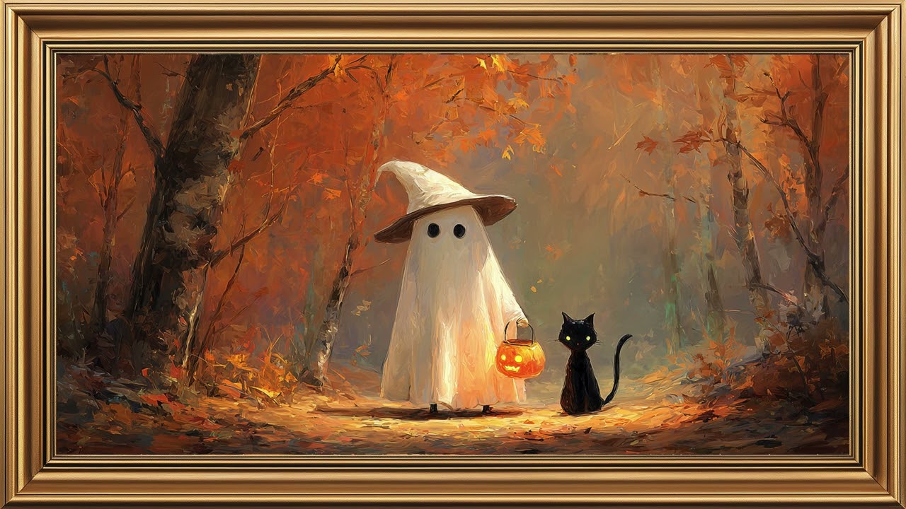 Vintage Halloween Frame TV Art  Cozy Spooky Ambience | Pumpkins, Ghost & Black Cat 4K Decor