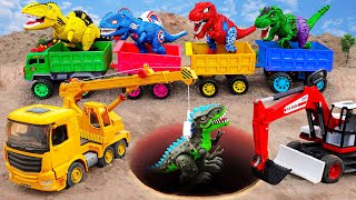 Crane, Excavator, Dump truck, Construction Vehicles save the T-Rex Dinosaurs - Car toys for kids