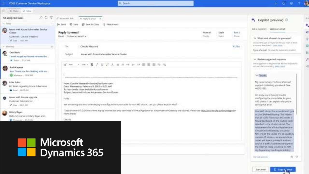 Copilot in Microsoft Dynamics 365 Customer Service Example with E-Mail Communication