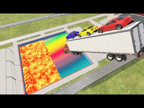 Cars vs Rainbow & Lava Pools Fire Truck, Police Car, Monster Truck, School Bus – BeamNG.Drive