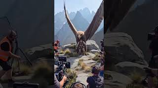 🦅🏔️ A giant eagle dives toward the actor as the crew captures the danger! 🎬😱 #behindthescenes
