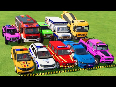 TRANSPORTING POLICE CARS, AMBULANCE, FIRE TRUCK, COLORFUL CARS WITH TRUCK  -FARMING SIMULATOR 22!