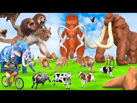 5 Giant Elephant Cow Vs Giant Behemoth Vs Indian Elephant Vs 5 Giant Lion Tiger Bull Save By Mammoth