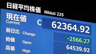 東京株急落、一時３０００円超安　終値６万２３６４円、ＡＩ・半導体に売り