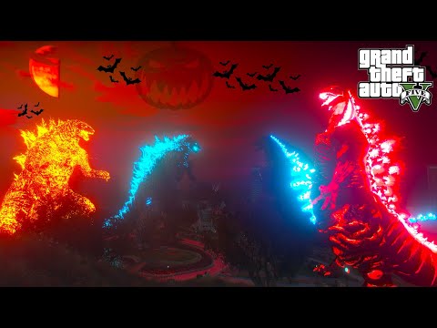 Godzilla and Nuclear Godzilla vs Shin Godzilla and Heisei Godzilla Halloween Battle - GTA V Mods