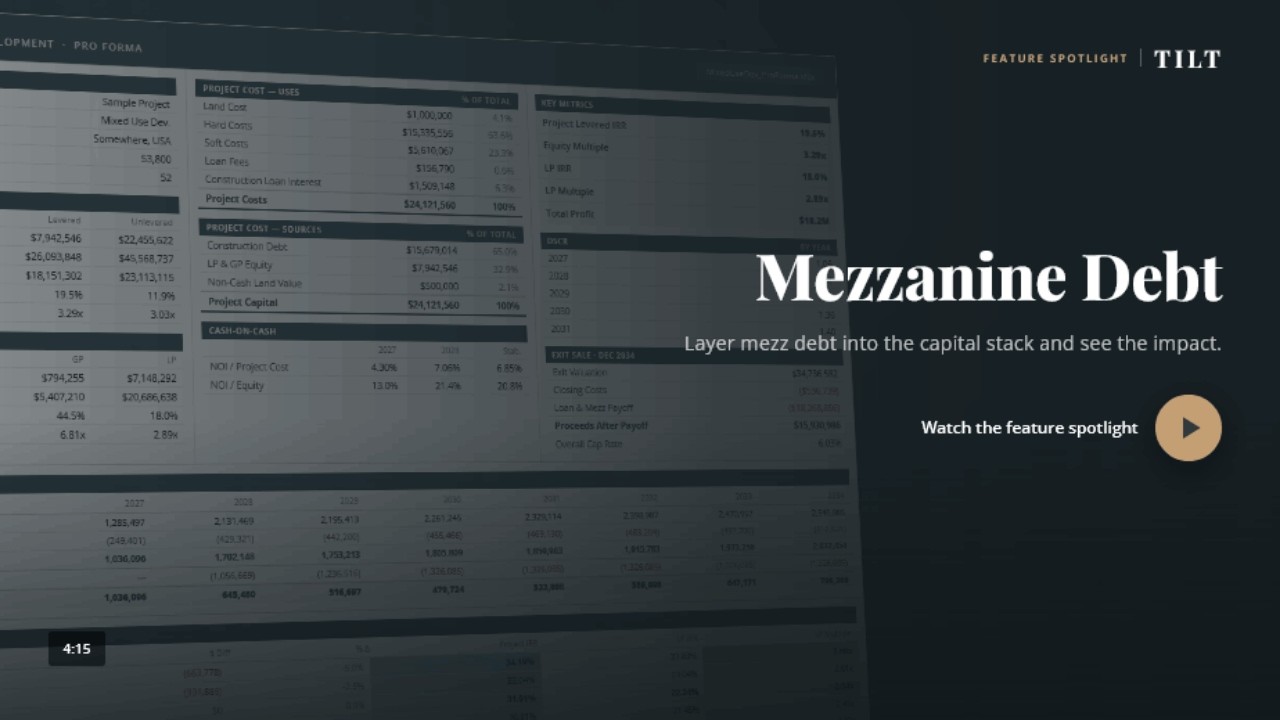 TILT Development Model Mezz Debt feature walkthrough showing mezzanine financing structure and returns