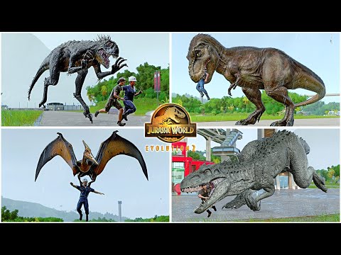 Stormy Day Human Hunting Animations of All Dinosaurs & Flying Reptiles 🦖 Jurassic World Evolution 2