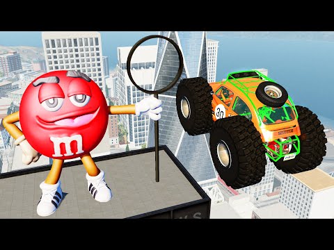 BeamNG Drive Huge Ramp Cars Jumping Through M&M's Ring | Giant Red Random Fails Compilation