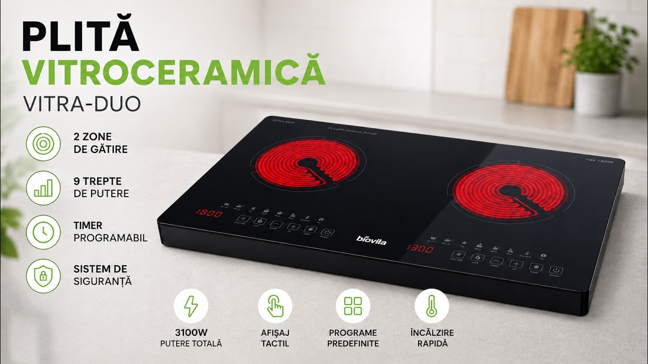 Plită vitroceramică Biovita VITRA-DUO, 3100 W, 2 zone de gătire, 9 trepte de putere, timer