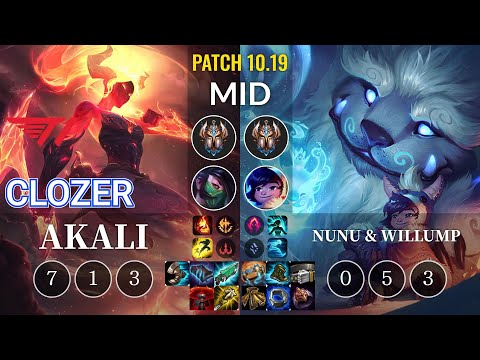 T1 Clozer Akali vs Nunu & Willump Mid - KR Patch 10.19