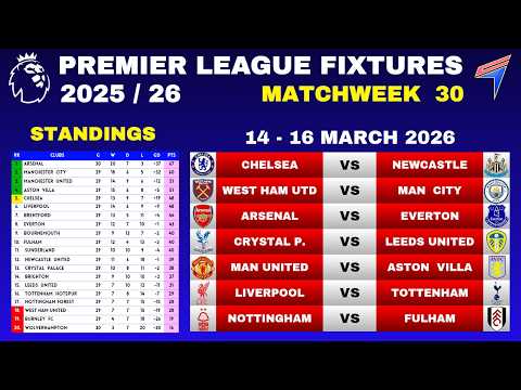 EPL FIXTURES - Matchweek 30 • EPL Table Standings Today • EPL Fixtures This Weekend • 14-16 MAR 2026