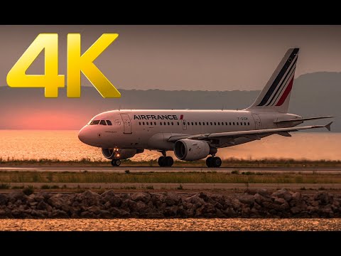 [4K] Avião avistando aeroporto de Marselha Provence LFML decolando e pousando