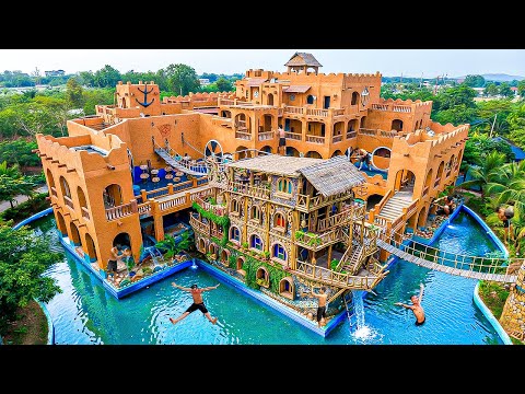 300 Days Building a Floating Mega Ship Mansion with Curved Slides & Pool System Using Primitive Tool