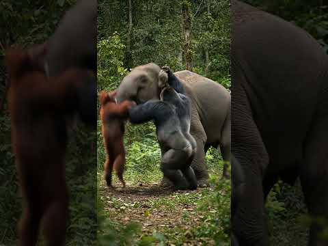 Gorilla & Orang utan VS Elephant!!! tag team to defeat the biggest🦍🐵🐘