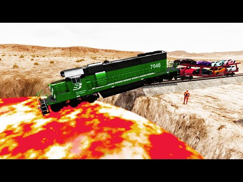 Trains vs Giant Lava Crater- BeamNG.Drive