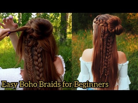 Easy Boho Half Up Half Down Hairstyle with Messy Bun...