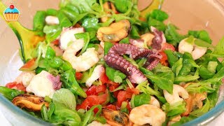 Смотреть онлайн Рецепт вкусного и легкого салата из морепродуктов
