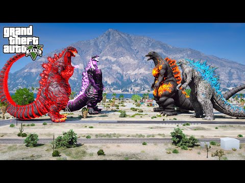 Team Shin Godzilla vs Atomic Godzilla, burning Godzilla - The God Battle ( GTA V Mods )
