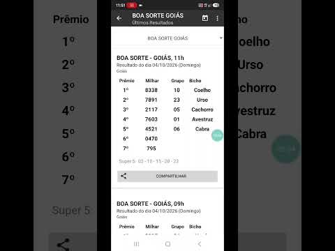 🍀 RESULTADO DO JOGO DO BICHO BOA SORTE GOIÁS DAS 11 HORAS DE HOJE DIA 04.10.2026 🍀
