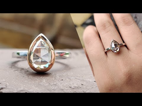 2.11 CT Off White Pear Rose Cut Moissanite Bezel Set Solitaire Engagement Ring | Two-tone Ring