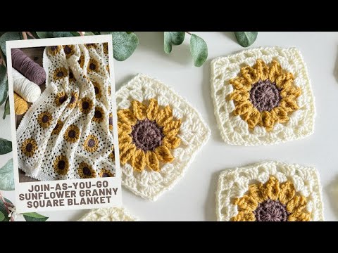 Sunflower Granny Square Blanket JOIN-AS-YOU-GO (JAYG) Joining Technique. Free Crochet pattern