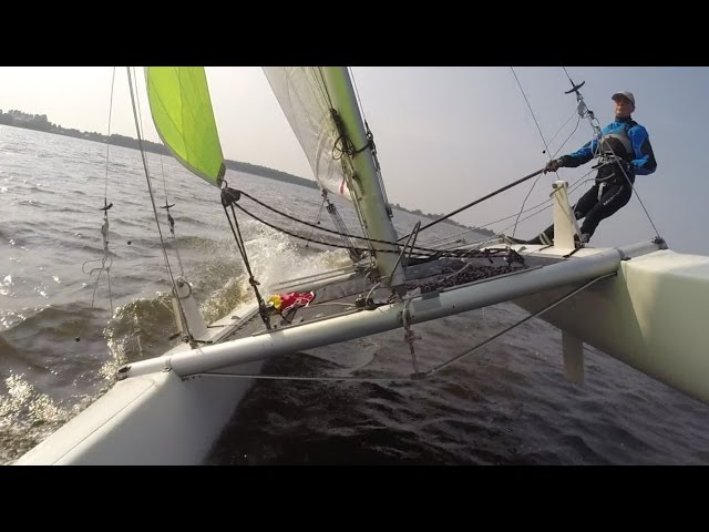 Solo sailing the NACRA 5.5 in the trapeze
