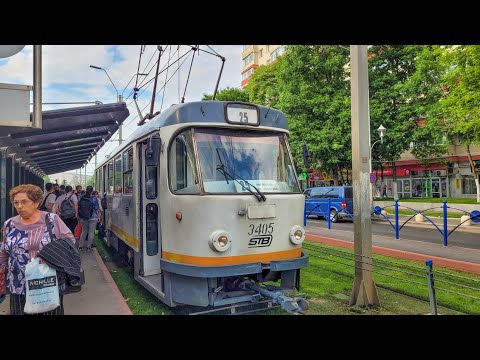Tatra T4R #3405 părăsind stația "Drumul Gazarului" pe linia 25 ( Mai 2023 )