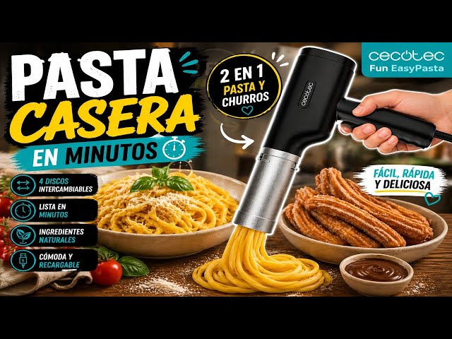 Vídeo relacionado con Cecotec Máquina para hacer Pasta y Churros Inalámbrica Fun EasyPasta. 40W, Capacidad 200gr, 3 Discos Incluidos, Prepara Fideos o Noodles, Spaghettis y Tallarines, 50 Usos por Carga de Batería