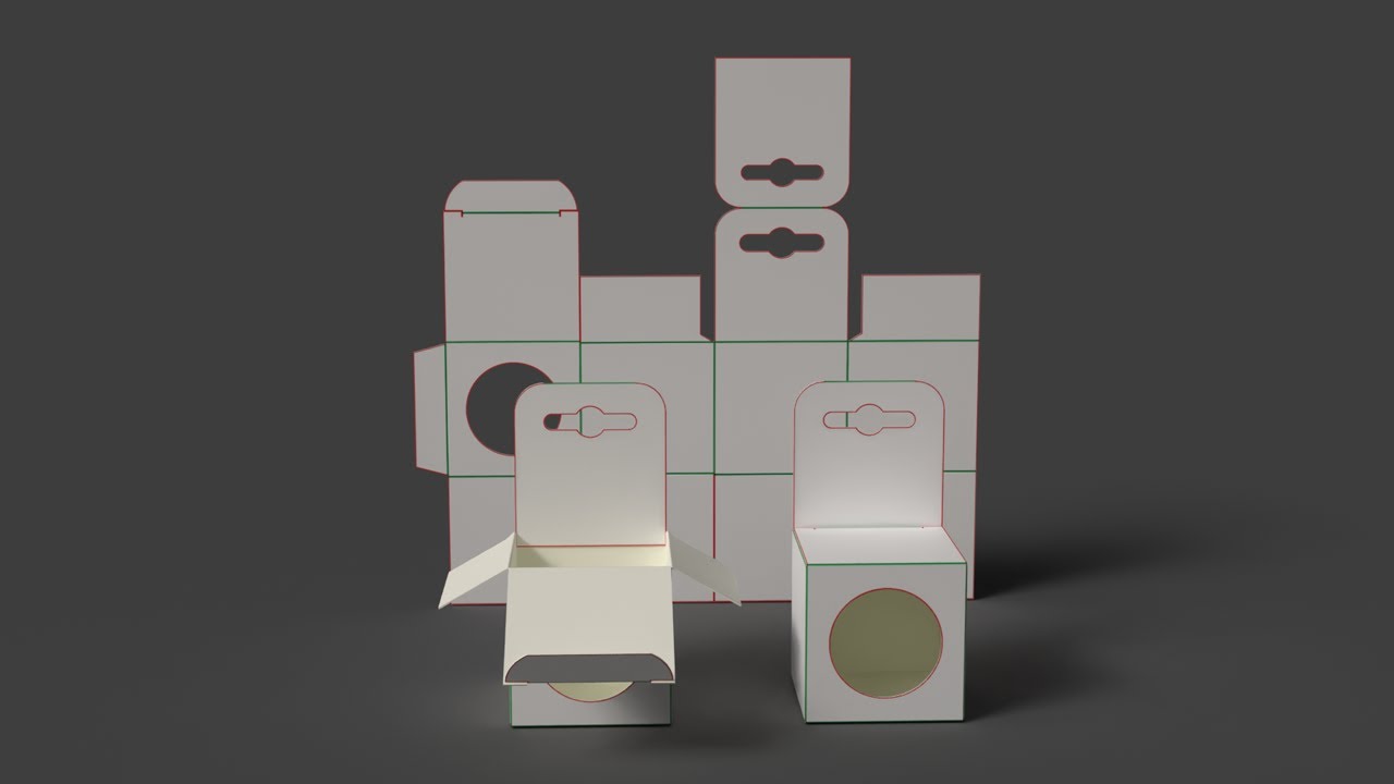 Cardboard box with a round window and euro-hanger Open closed and disassembled packaging 3D Model