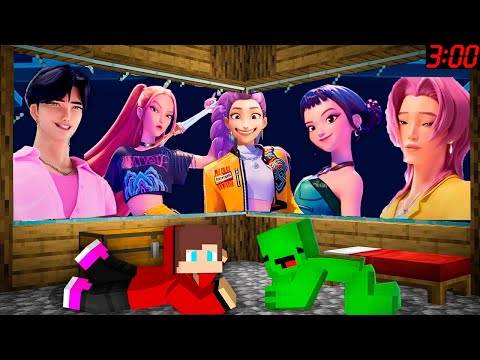 JJ and Mikey hide from Rumi Kpop Demon Hunter , Mira , Zoey , Jinu in Minecraft Maizen