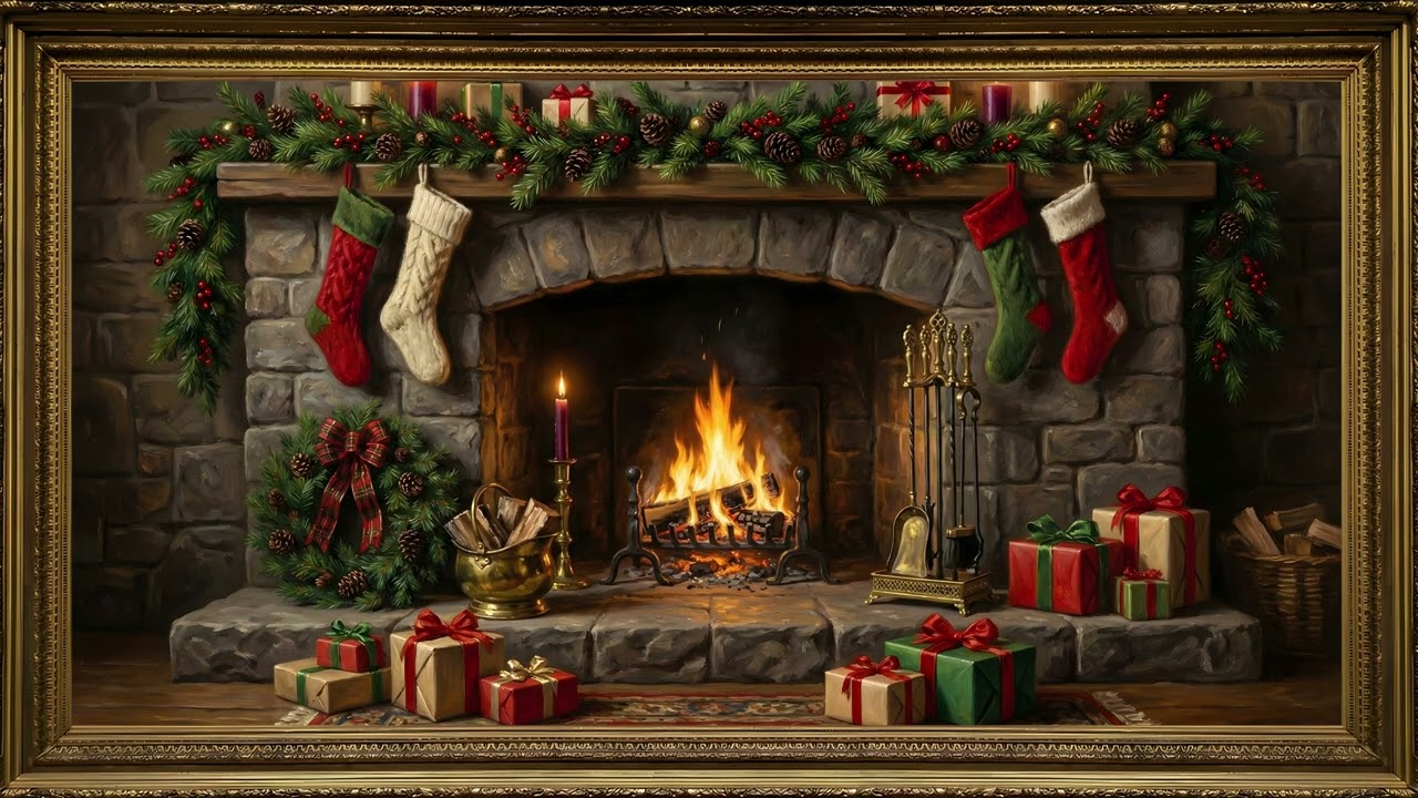 Christmas Stockings Fireplace Presents Gold Frame TV Art | 2 Hours 4K — 4K ambient art screensaver in baroque gold frame