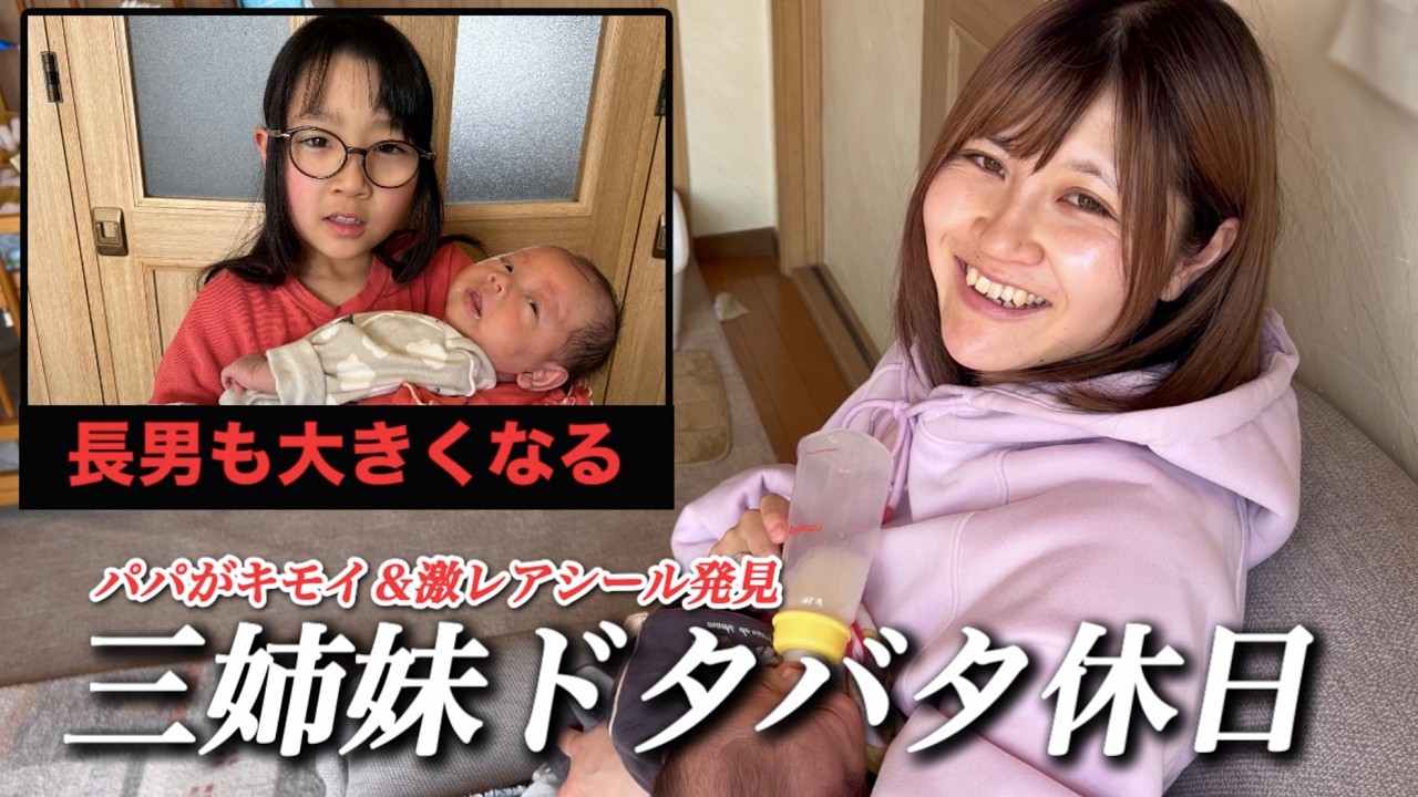 【ドタバタな休日】久しぶりにママ達と再会し三姉妹はパパとシールを探す旅に出る！ブタも◯◯で大興奮w