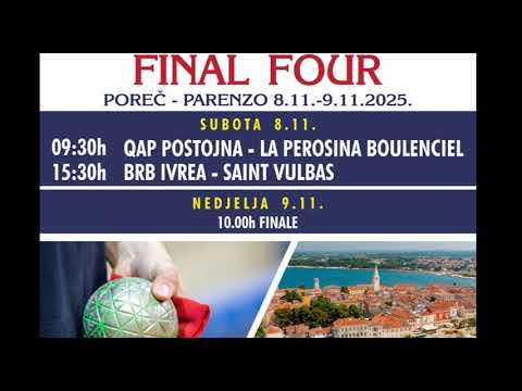 Bocce: 2025 European Cup Final Four Schedule - Men's - Porec (Croatia) November 8-9, 2025
