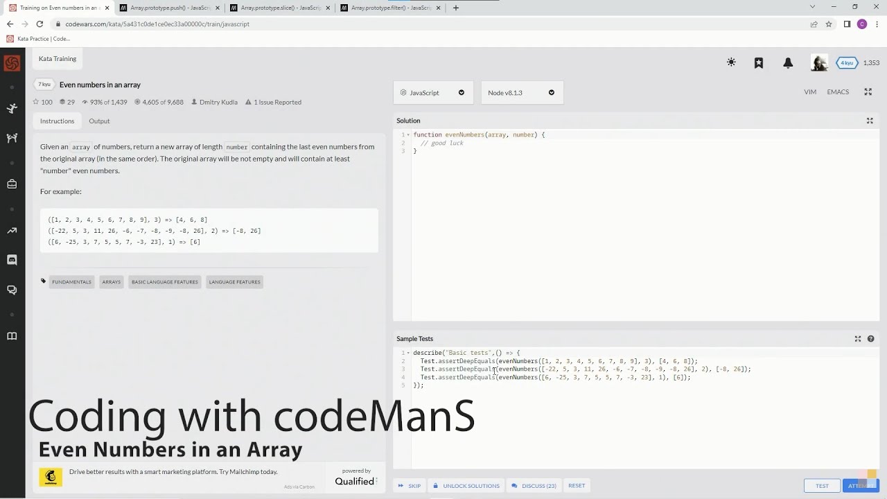 Codewars 7 kyu Even Numbers in an Array Javascript