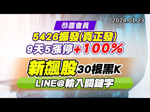 20240123《股市最錢線》#高閔漳 “恭喜會員5426振發(真正發) 9天5漲停+100%””新飆股，30根黑K，LINE@輸入關鍵字”
