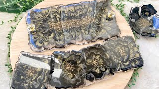 Beautiful Black and Gold Resin Tray and Coaster Set