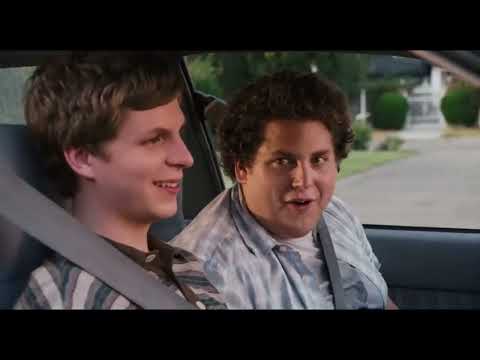 Superbad trailer frame — cops with McLovin bathed in flashing lights
