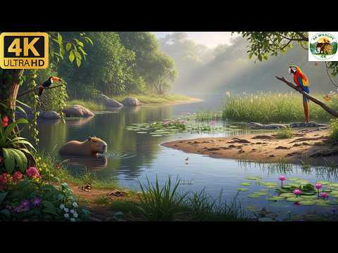 Relaxing Walk in the Amazon Rainforest Riverside & Wetland Animals 4K ASMR   No Music