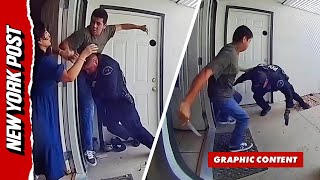 Shocking video shows cop violently attacked with knife by man in front of home