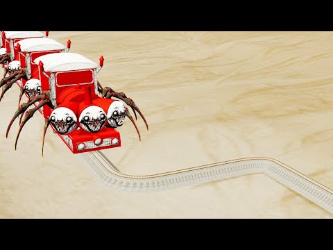 Choo Choo Charles Train Triple Head Vs Impossible Sharp Turn Rail Tracks Crossing - BeamNG.Drive