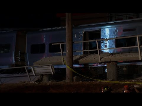 Two commuter trains traveling in opposite directions collided with a vehicle on the tracks in Westbury, New York Tuesday night, killing all three people in the vehicle. Officials said one train tore into a concrete platform. (Feb. 27)