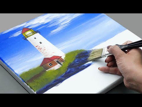 Easy Art / How to draw a lighthouse on the sea / Acrylic painting for beginners