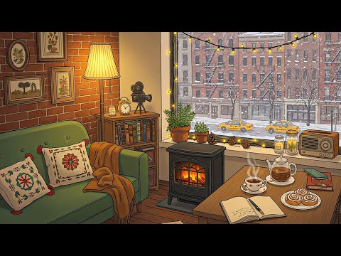 vintage jazz on a snowy 1950s morning in a cozy New York city | warm ambience to relax