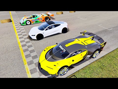 Tesla Roadster vs Bugatti Vision GT engine Red Bull X2010 vs Mazda 787B - Old Monza